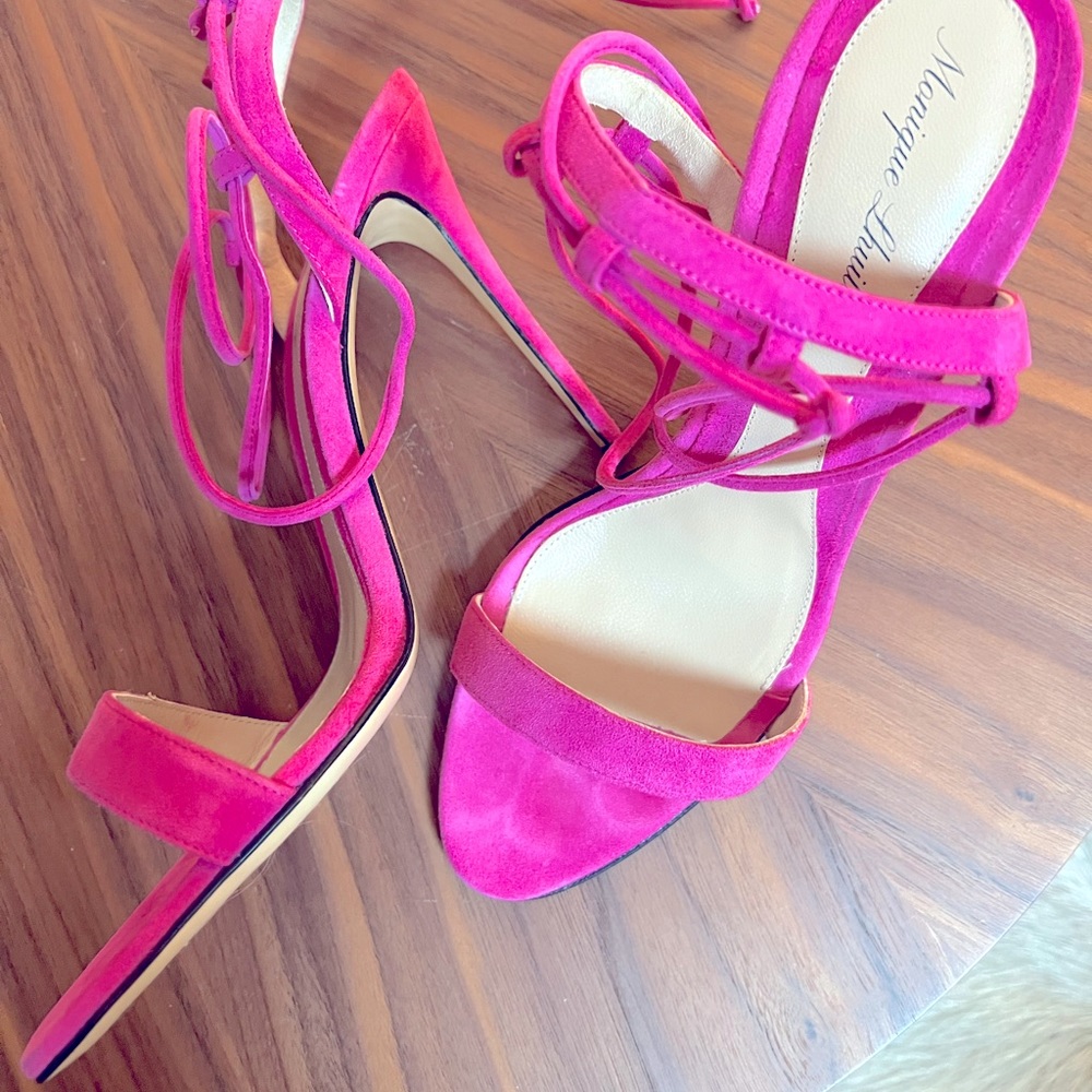 Monique L’Hullier orchid suede strappy suede high heeled stilettos NIB rare 38.5